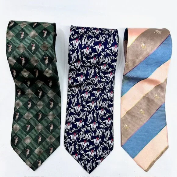 3 Neckties Polo Club 100% Silk green brown  blue pink striped Polo Horses  (67) - Picture 3 of 10